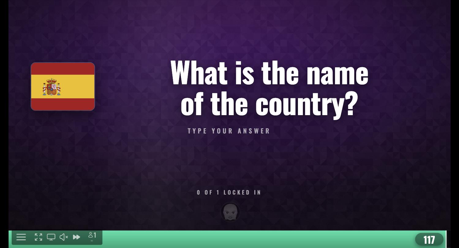 The host screen showing the flag of Spain and asking players to type the country