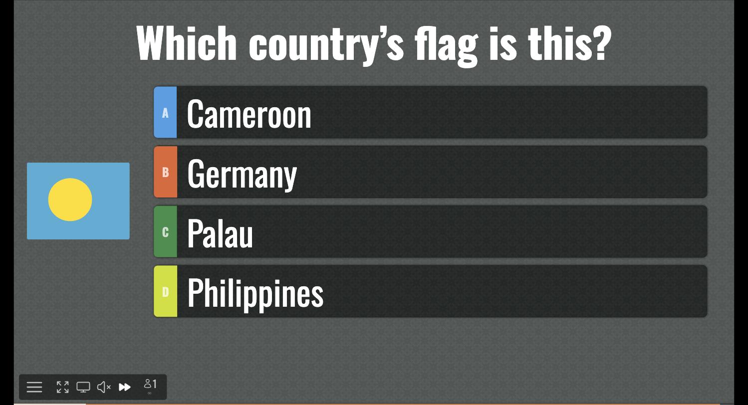 A multiple choice round: the flag of Palau with four countries to pick from