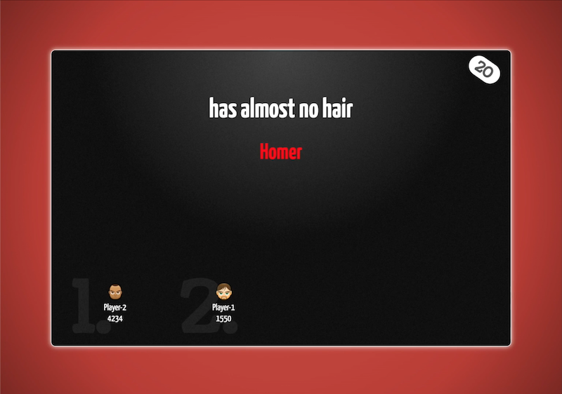 A One-of-Three question on the host screen: the prompt "has almost no hair" answered with Homer, a 20 second clock running and the scoreboard below