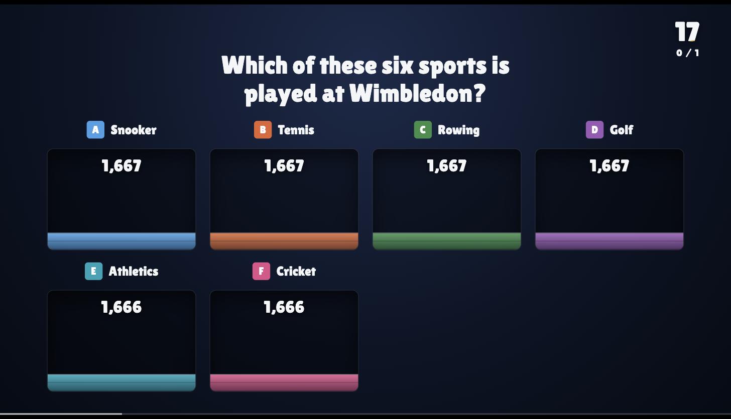 Six answers on the host screen, each holding part of the player's 10,000 points
