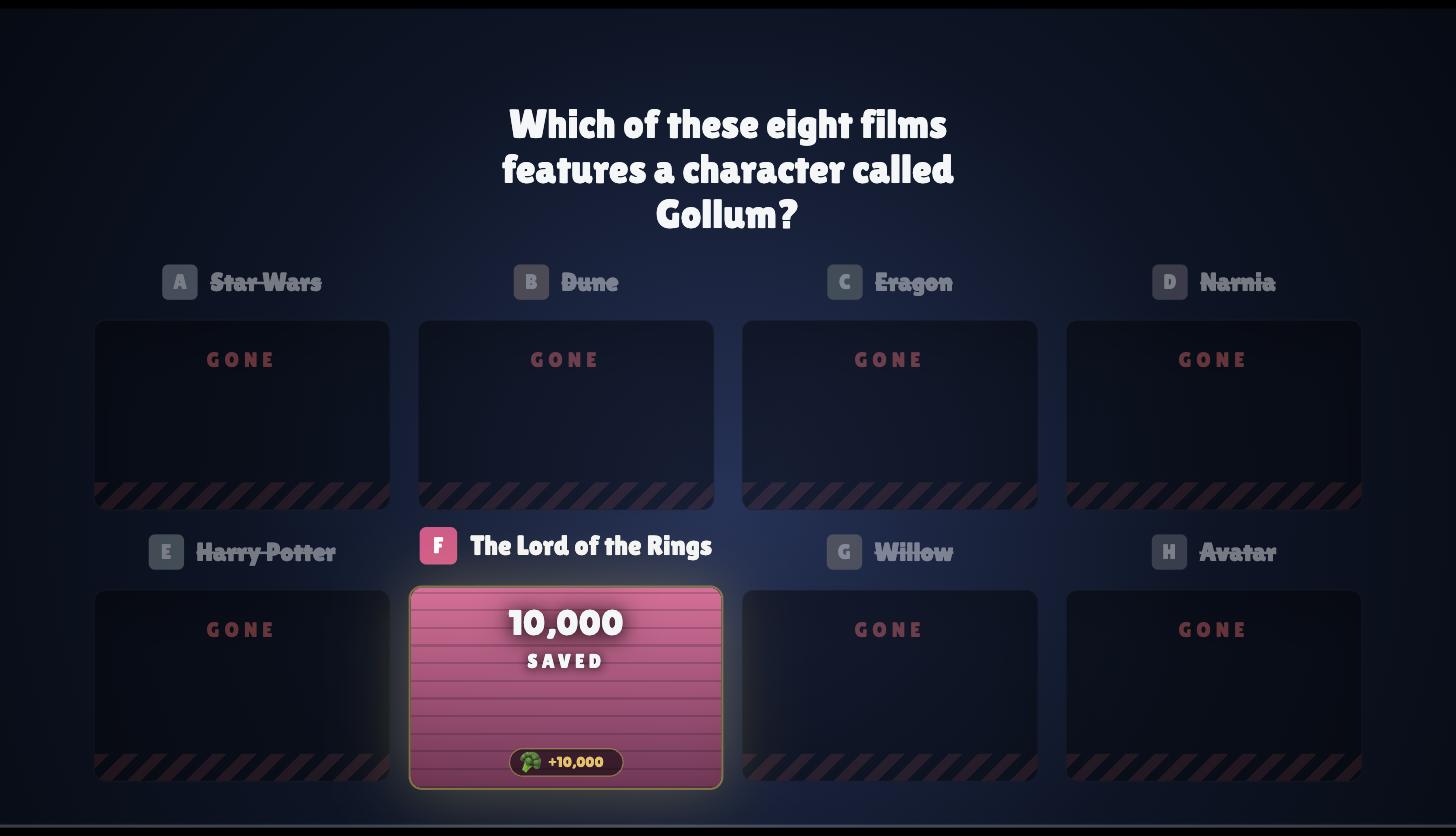 A Money Drop style board: seven answers marked GONE, 10,000 points saved on the eighth